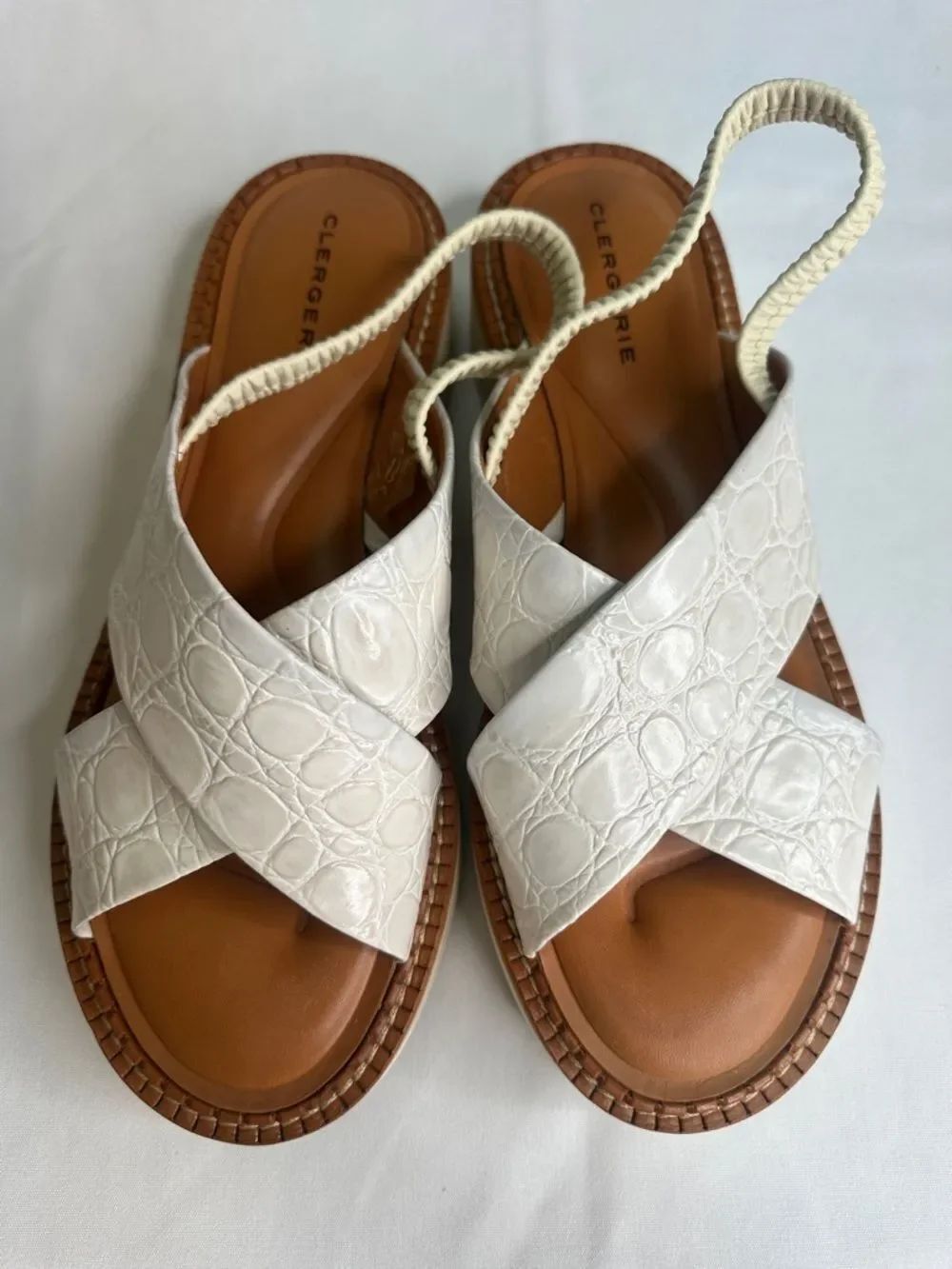 Robert Clergerie Cream Croc-Embossed Leather Crisscross Sling Sandals